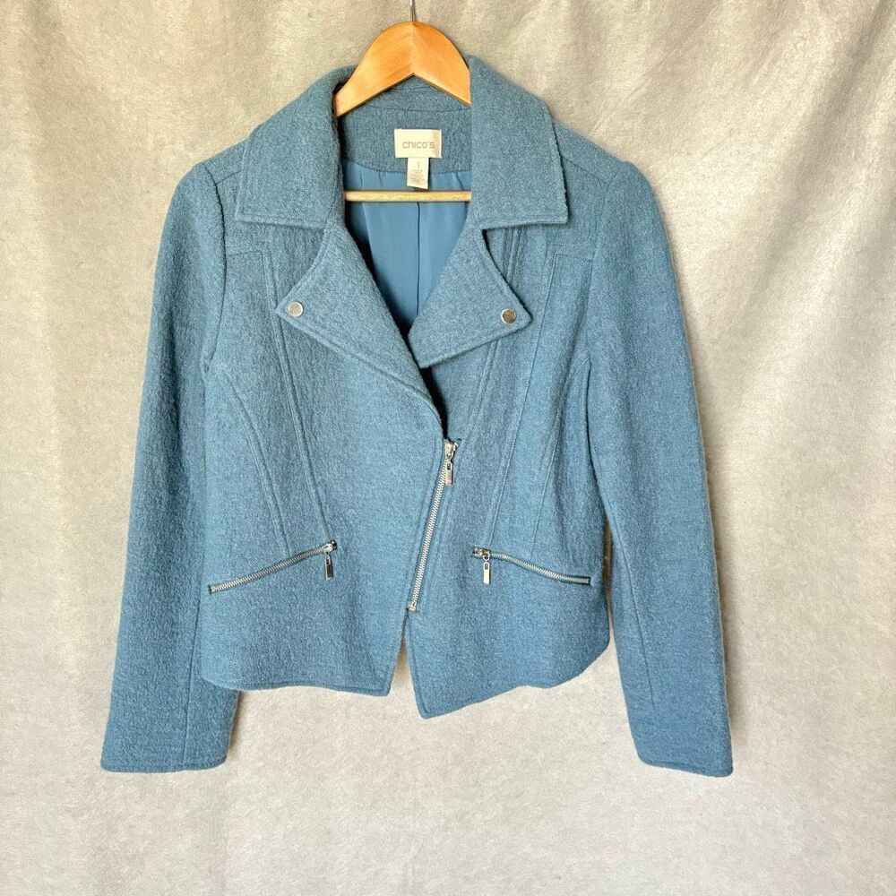 Chicos 100% Boiled Wool Motorcycle Style Jacket Montauk Blue Size M/2